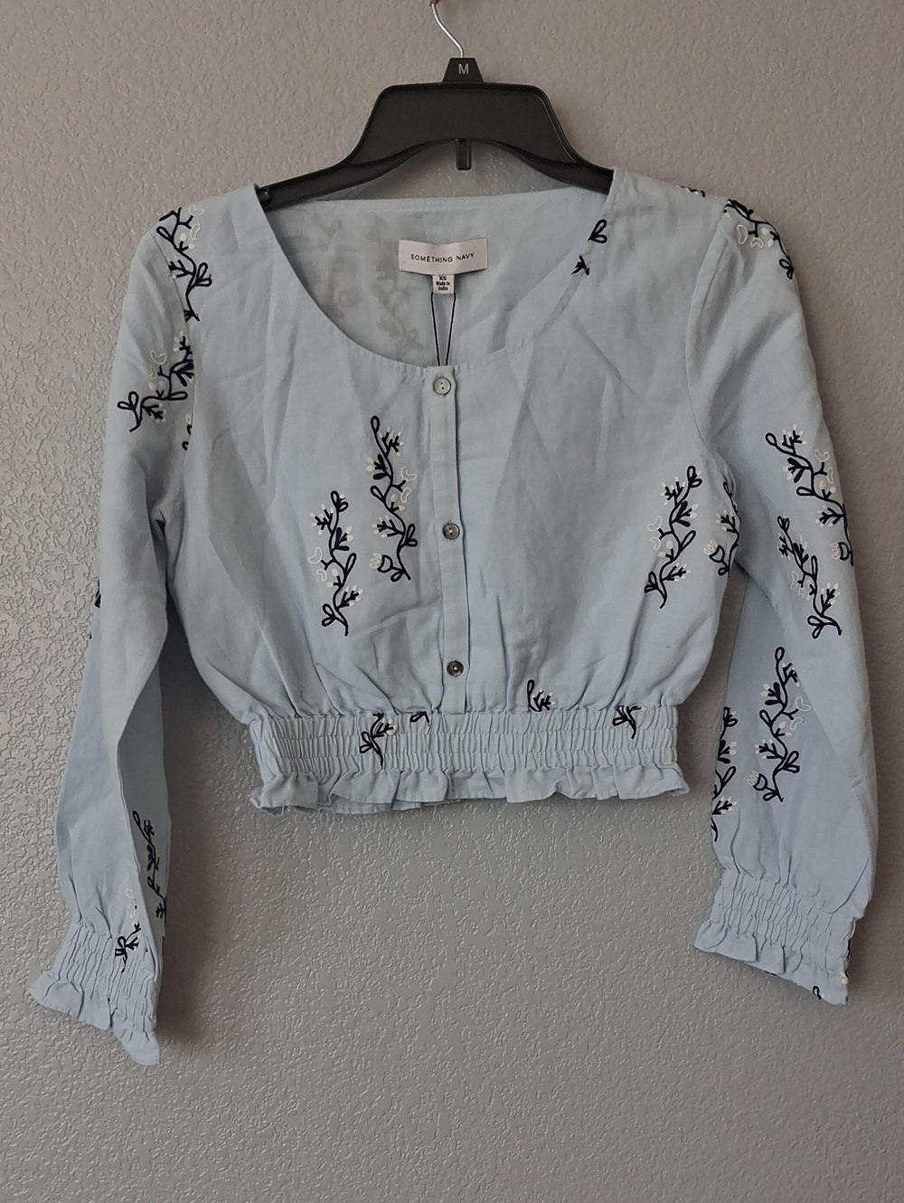 Something Navy Light Blue Button-Front Embroidered Crop Top